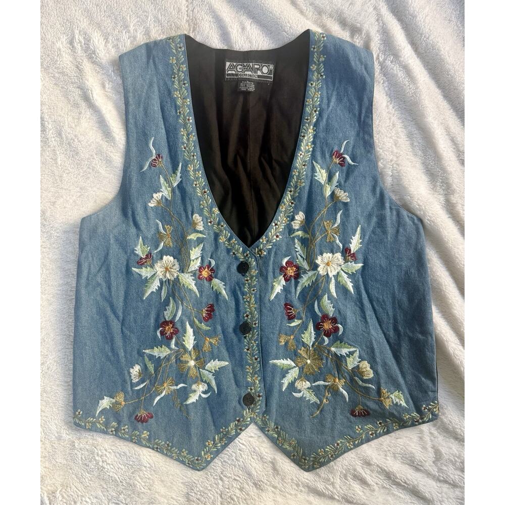 Agapo Womens Embroidered Vest Size L Denim Cottagecore Boho Floral Western - Picture 1 of 5
